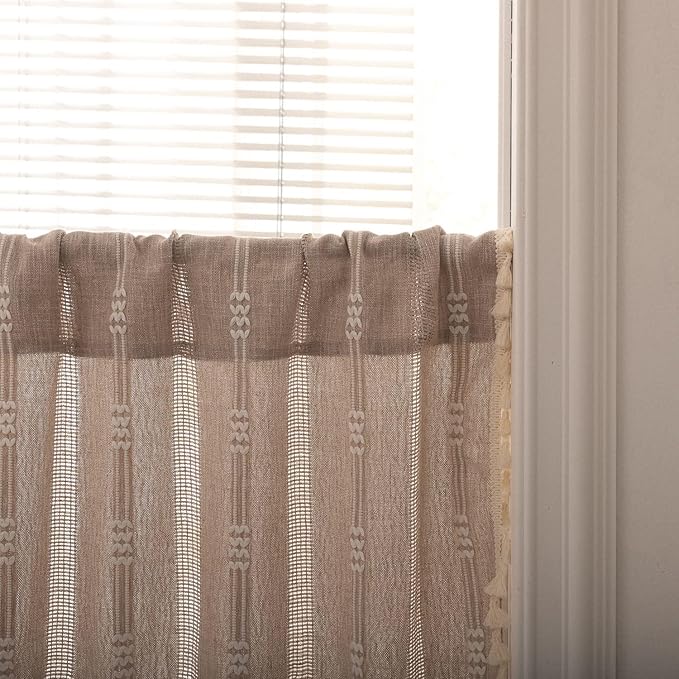 Deeprove Taupe Boho Valance with Tassels Linen Kitchen Short Embroidered Curtain. Farmhouse French Cottage Rustic Small Window Treatment for Cafe Closet Laundry Dining Restaurant 1 Panel W52 x L18