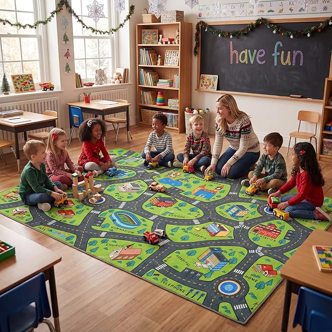 Merelax 6x9 Kids Car Area Rug, Green Grey Area Road Rugs for Living Room Playroom Classroom Bedroom, Non Slip Kids Play mat, Washable Rug, Educational City Traffic Map Fun Car Carpet for Ages 3-12