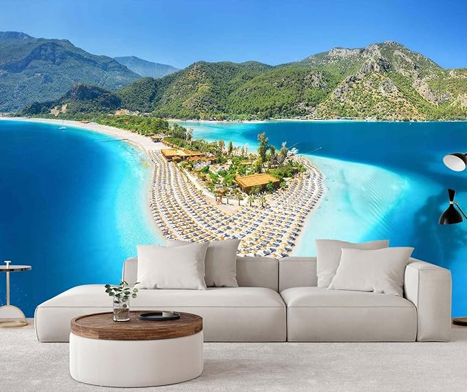 Beach Wallpaper Tropical Landscape Island Mountain Wall Mural for Bedroom Living Room(Not Self-Adhesive)