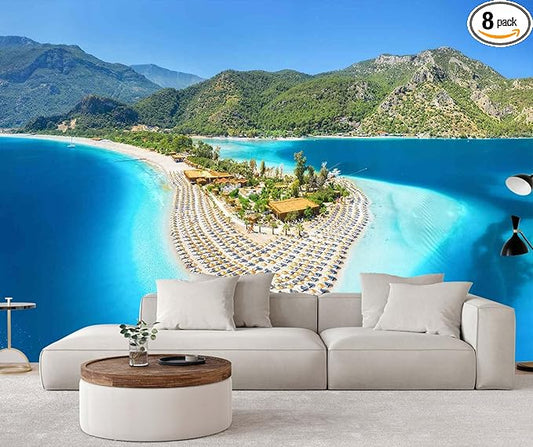 Beach Wallpaper Tropical Landscape Island Mountain Wall Mural for Bedroom Living Room(Not Self-Adhesive)