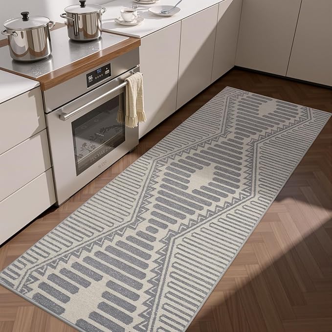 Silver Grey Boho 2x6 ft Runner Textured Tufted Rugs for Hallway Kitchen Bedroom Entryway Long Non Slip-Carpet Washable Neutral Modern Geometric Moroccan Aztec Rug