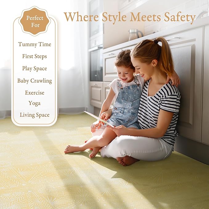 PopsyKosy Premium Baby Floor Play Mat - Thick & Cushioned 0.5 inch Playroom Foam Mat, Non-Toxic Odorless - 6 Tiles - Spacious 6x4 ft. - Stylish & Large, Waterproof for Kids & Toddlers - Champagne Yellow