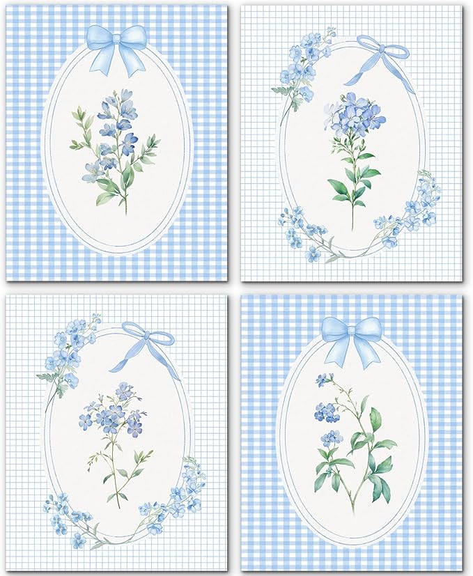 JINYO Preppy Coquette Blue Bow Flower Wall Art Prints Set of 4, Coquette Room Decor, Cottagecore Blue Wildflower Botanical Posters Pictures Wall Decor for Girls Bedroom Home, 8x10 Unframed
