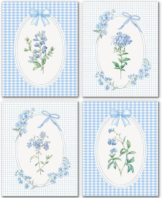 JINYO Preppy Coquette Blue Bow Flower Wall Art Prints Set of 4, Coquette Room Decor, Cottagecore Blue Wildflower Botanical Posters Pictures Wall Decor for Girls Bedroom Home, 8x10 Unframed