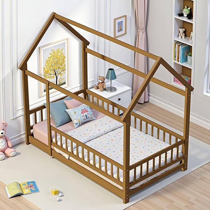LLS Twin Size Montessori Floor Bed Frame with Slats and Fence, Wooden House Bed for Boys Girls Bedroom, Light Espresso