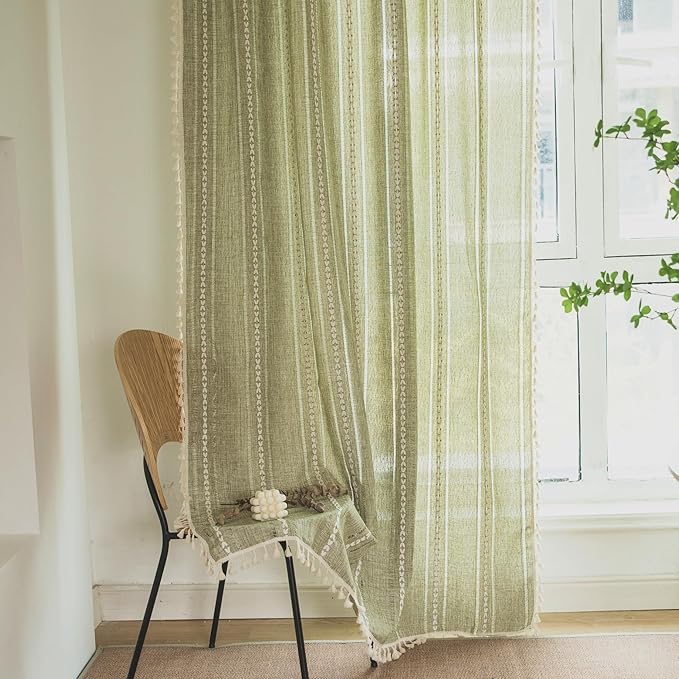Deeprove Green Boho Curtain 84 Inches Long for Bedroom Dining Room Kitchen Closet, Bohemian Chic Textured Embroidery, Vintage Handmade Tassels Christmas Decor Drape, Rod Pocket, 1 Panel W52 x L84