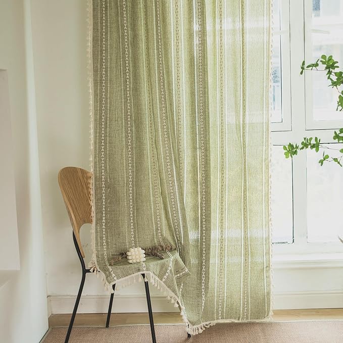 Deeprove Green Boho Curtains 96 Inches Long for Bedroom Dining Room Kitchen Closet, Bohemian Chic Textured Embroidery, Vintage Handmade Tassels Christmas Decor Drape, Rod Pocket, 1 Panel W52 x L96