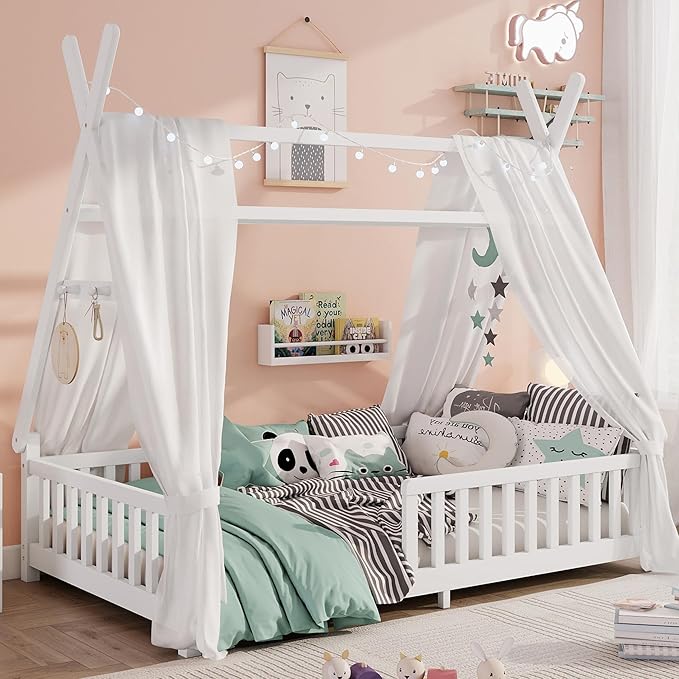 Twin House Bed with Light,Wood Twin Montessori FloorBed with Rails & Roof,Teepee Bed for Kids Boys Girls,with Slats Support,No Box Spring Needed, White