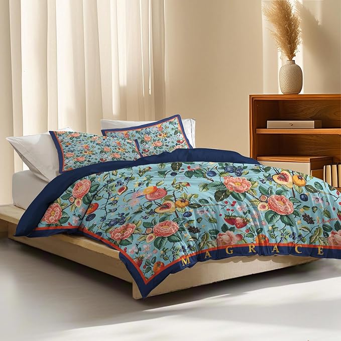 MAGRACE King Duvet Cover Ultra Soft Luxury 100% Cotton Cute Floral Comforter Cover Set, Breathable and Durable, Textured Duvet Cover with Pillow Shams
