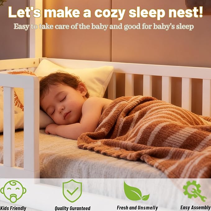 Full Size House Bed for Kids, Low Profile Full Montessori Bed with High Railings, Wood House Shape Montessori Beds with Light & Roof for Kids, White