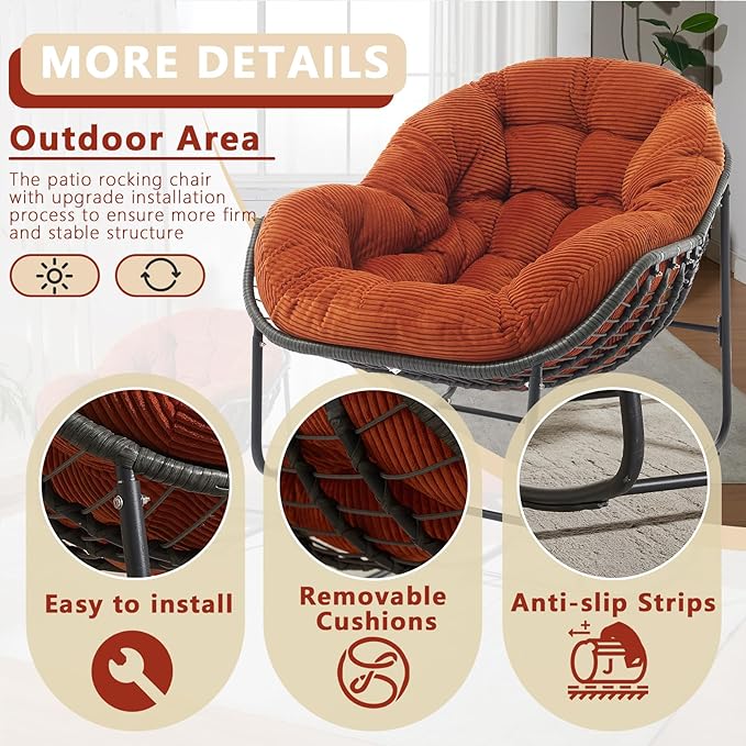 Oversized Outdoor Papasan Rocking Chair Set of 2 with Soft Cushion, Comfy Patio Egg Chair, Wicker Lounge Rocker for Balcony/Porch/Garden, Reinforced All Weather Rattan Frame, Burnt Orange