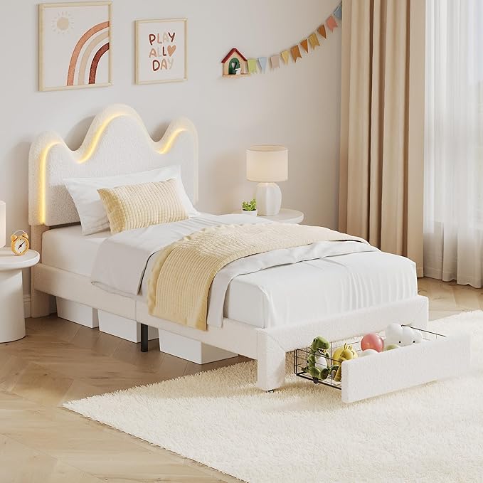 IDEALHOUSE Twin Bed Frame with LED Headboard and Under-Bed Drawer, Metal Upholstered Platform Bed with LED Light for Kids, Girls, Lamb Fleece Fabric, Wooden Slats Support, No Box Spring Needed, White