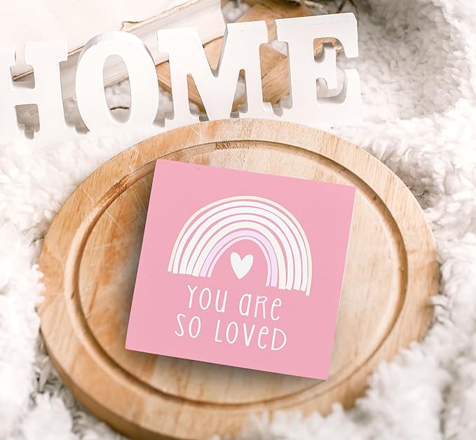 SRADMO You Are So Loved Rainbow Heart Wood Box Sign Desk Decor, Pink Kids Inspirational Quotes Wooden Block Box Sign Decoration for Kids Room Nursery Playroom Shelf Table Decorative Accessories