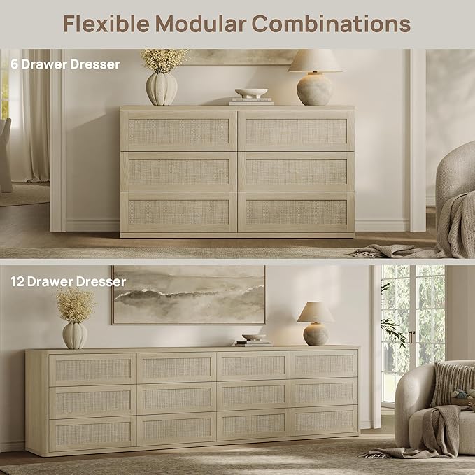 SICOTAS Dresser for Bedroom - 9 Drawer Dresser for Nursery 75" Wide Rattan Dressers & Chests of Drawers Boho Drawers for Bedroom Living Room Clothes Long Closet Storage for Closet Hallway Entryway