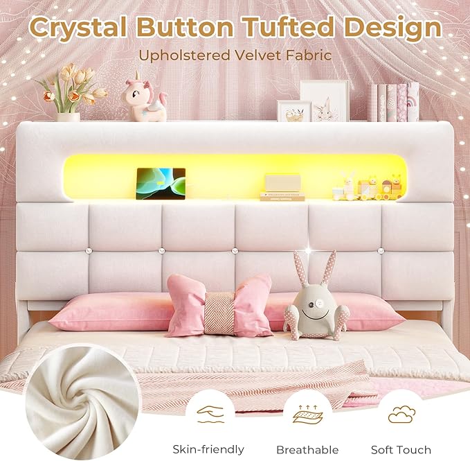 MSmask Full Upholstered LED Bed Frame with 2-Tier Storage Bookcase Headboard, Velvet Princess Bed with Crystal Button Tufted Headboard & Charging Station, Girls Platform Bed, Curved Legs, White