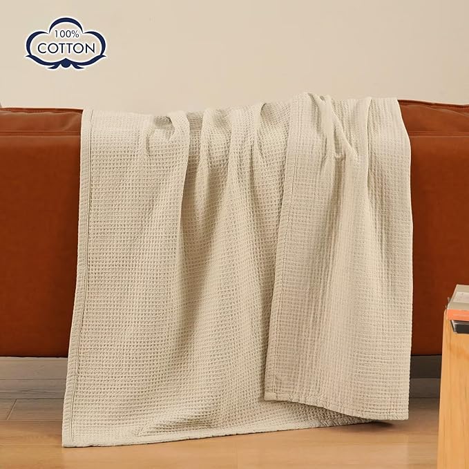 PHF 100% Cotton Waffle Muslin Blanket Queen Size, 90" x 90" Lightweight and Breathable Washed Cotton Blanket, Aesthetic Soft Muslin Waffle Bedding for Sofa Bed Home Decor, Oak