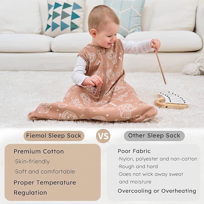 Baby Sleep Sack 18-24 months, 100% Cotton Sleeping Sack for Toddler, 3 Pack Baby Wearable Blanket, 0.5 Tog Lightweight Double Zipper Sleep Bag XLarge Brown Green Lion