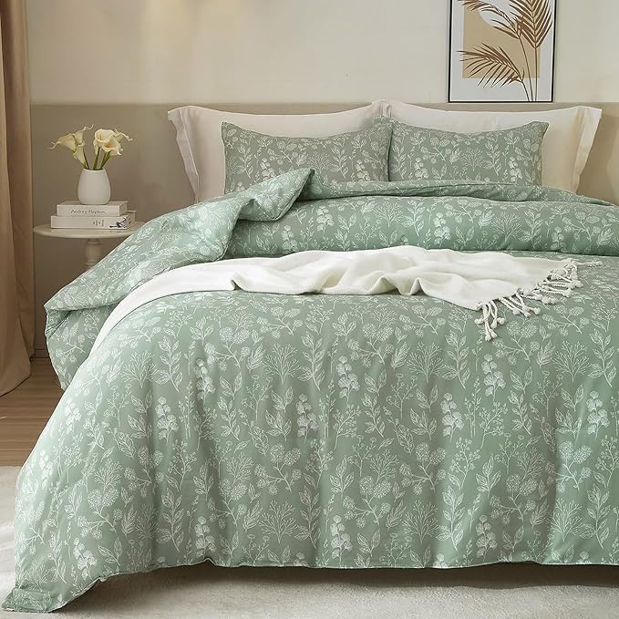 HighBuy Girls Floral Duvet Cover Twin XL Size Soft Cotton Green Botanical Comforter Cover Chic Garden Flowers Bedding Set Twin XL 3 Piece Aesthetic Boho Floral Bed Cover with Zipper Closure