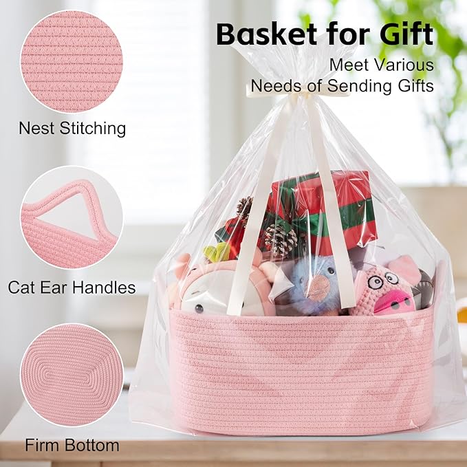 OIAHOMY 19L Woven Basket with Gift Bags and Ribbons, Gift Basket Empty for Baby Showers Birthday, Nursery Bin with Handles for Baby Room Living Room, Pet Toy Bins for Toy Organizer - Pink