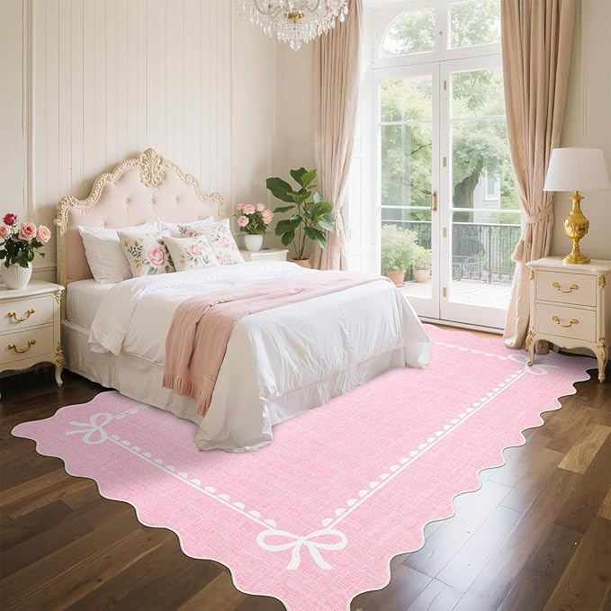 GarveeHome Scalloped Bow Rug for Living Room, Solid Pink Rug for Dorm, Washable Rugs 8x10 Soft Low Pile Non Slip Scalloped Rugs for Nursery College Bedroom Decor Kids Room Playroom