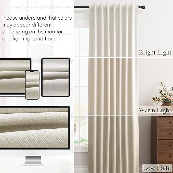 Guken Warm Beige Linen 100% Blackout Bedroom Curtains 96 Inches Long 2 Panel Sets Hook Belt Back Tab Linen Textured Room Darkening Heat Blocking Soundproof Curtain for Living Room Patio Door 52x96 8Ft