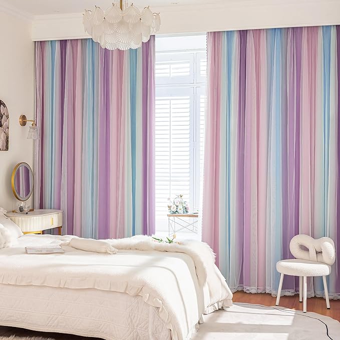 XiDi Blackout Curtains with Sheer Overlay for Girls Bedroom 2 Panels 63 Inches Long Ombre Pink Purple Curtains Colorful Rainbow for Kids Room Unicorn Princess Theme Home Decor Grommet Drapes W52XL63