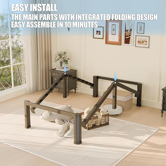 10 inch Twin Bed Frame with Round Corner Legs Mattress Slide Stopper,Low Profile Heavy Duty Metal Platform,No Box Spring Needed,Steel Slat Support,Easy Assembly,Noise Free