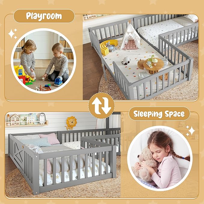 Harper & Bright Designs Twin Size House Shaped Double Floor Bed with Door and Full-Length Guardrails, Solid Wood Kids Montessori Floor Bed for Girls Boys, Multi-Function, Grey