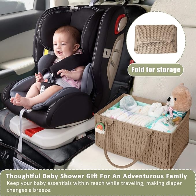 MOMINSIDE Diaper Caddy Organizer, Baby Diaper Caddy Organizer with Handle Baby Basket Nursery Storage, Portable Changing Table Car caddy organizer for Girl Boy, Baby Registry Baby Shower Gifts(Brown)