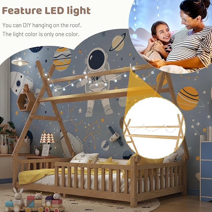 Twin House Bed with Light,Wood Twin Montessori FloorBed with Rails & Roof,Teepee Bed for Kids Boys Girls,with Slats Support,No Box Spring Needed, Natural