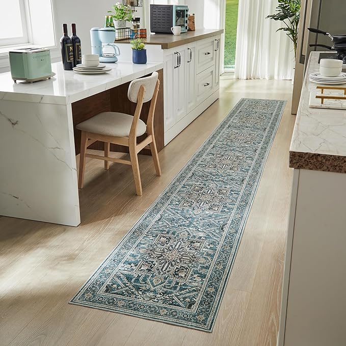 WITSHOCK Extra Long Runner Rug for Hallway 2x15: Washable Vintage Boho Low Pile Stain Resistant Foldable Carpet for Bedroom Entryway Indoor Entrance, Neutral Distressed Farmhouse Home Decor, Teal