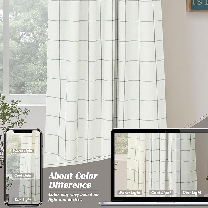 DriftAway 2 Panels 100% Blackout Windowpane Plaid Linen Curtains Double Layer Drapes for Bedroom 102 Inches Long Farmhouse Thermal Insulated 3.25 Inch Rod Pocket Back Tab for Living Room Black