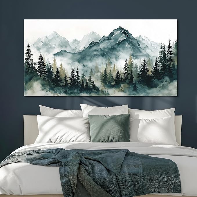 Nature Landscape Wall Art for Living Room, Foggy Forest Mountains Canvas Painting Green Blue Modern Farmhouse Wall Decor for Bedroom, Watercolor Woodland Scenery Prints Artwork Home Decoration 28"x58"