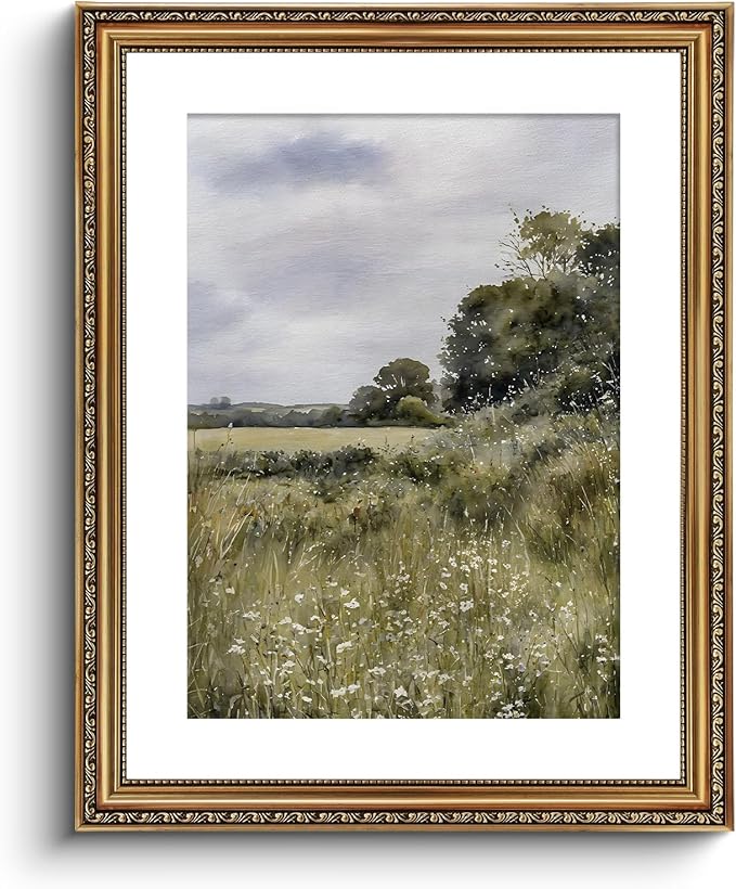 ARPEOTCY Vintage Gold Framed Large Wall Art, Farmhouse Meadow Landscape Country Painting, Canvas Prints with Antique Frame, Moody Victorian Wall Picture Decor for Living Room Gallery, 16x20 inch