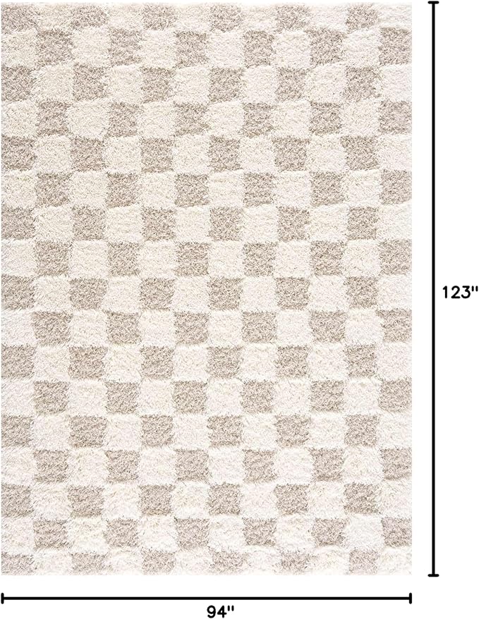 Hauteloom Etiler Checkered Shag Area Rug - Checkboard Design - High Pile Fluffy Shaggy Touch - Square Tiles - Kids Room, Nursery, Living Room Shaggy Carpet - Beige, Cream, White - 7'10" x 10'3"