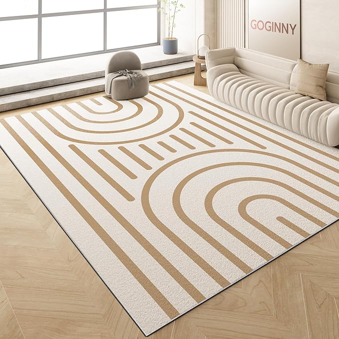 Washable 5x7 Modern Area Rug for Living Room, Tan White Minimalist Artistic Abstract Large Rug, Ultra Thin Low Pile Lightweight Soft Indoor Floor Carpet with Nonslip Backing for Bedroom Kids Play Room