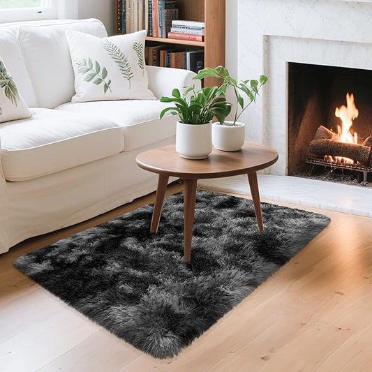 2x3 ft Shaggy Small Black Rug, Tie Dye Soft Fluffy Carpet Bedside Fuzzy Area Rug Non-Slip Bottom for Nursery Kids Bedroom Door Indoor Dog Mat Living Room Home Decor Aesthetic