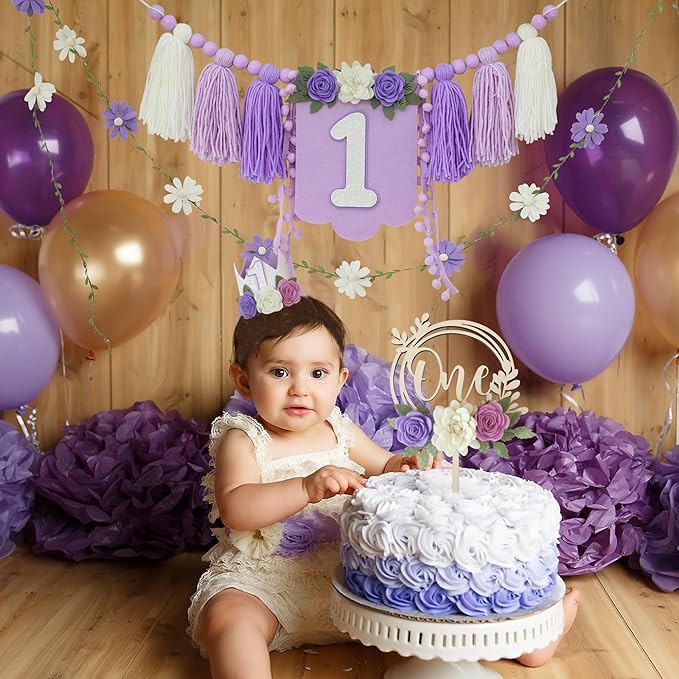 Wildflower 1st High Chair Banner Birthday Decorations For Girl One Flower Cake Topper Floral Hat Birthday Decoration Supplies