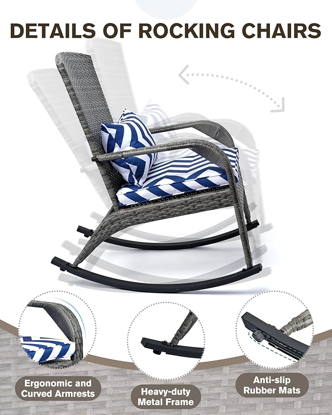 Outdoor Rocking Chair- Outdoor Glider Rattan Rocker Chair with Heavy Duty Steel Frame- All Weather Rocker Chair for Garden, Porch, Backyard, Poolside (Grey Rattan, 320lbs)