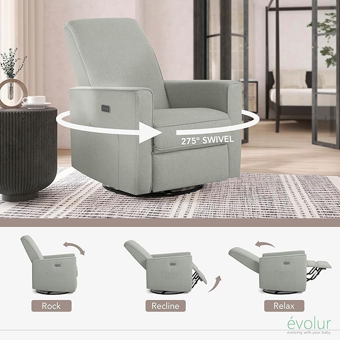 Evolur Harlow Upholstered Power Glider Recliner with USB Charging – Rocking & 360° Swivel with Smooth Glide – Greenguard Gold & FSC Certified – Modern Nursery and Living Room Chair in Light Grey