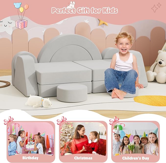 12 PCS Modular Kids Play Block Couch Child Sectional Sofa Toddler Building Fortplay Bedroom Playroom Baby Convertible Floor Foam Cushion for Boys & Girls (Light Gray-Double)