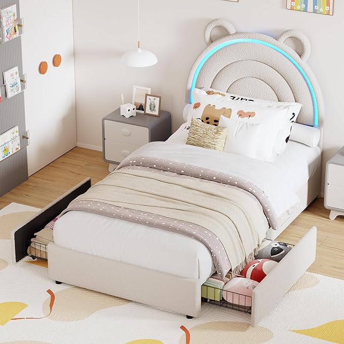 Garvee Twin Size Bed Frame with 2 Storage Drawers & LED Lights, Velvet Upholstered Platform Bed with Rainbow Headboard for Kids/Boys, Solid Wood Slats Support, No Box Spring Needed, Grey