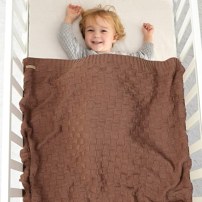 LAWKUL Baby Blankets Knit Cable Babe Blanket Soft Airy Newborn Infant Receiving Swaddling Brown Neutral Crib Stroller 40"x30"