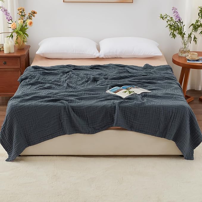 Love's cabin 6 Layer 100% Cotton Muslin Blanket, 108"x90" Muslin King Size Blanket for Bed Couch, Lightweight and Breathable Cotton Gauze for Adult, Dark Grey