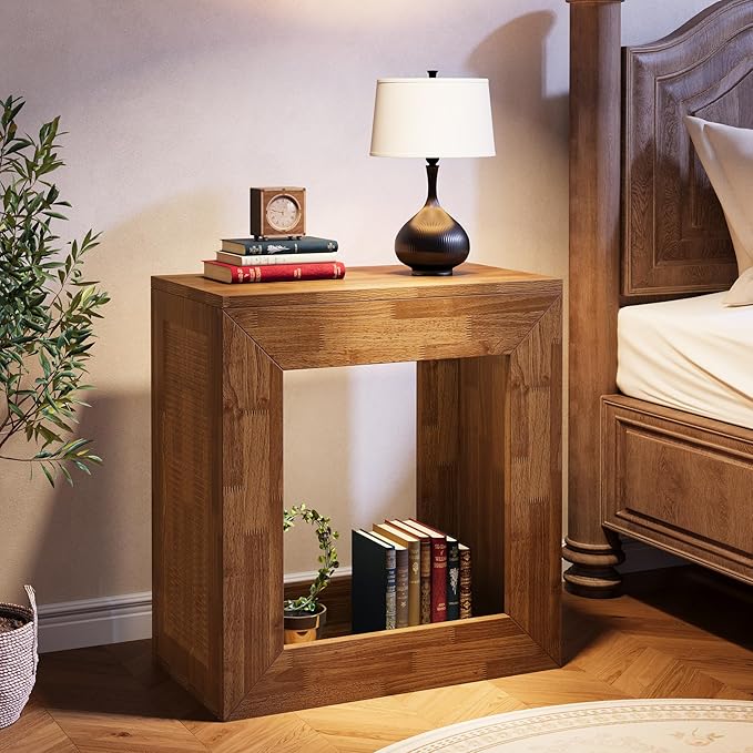 Tribesigns Rustic End Table, 2-Tier Wooden Side Table with Sturdy Base, Farmhouse Narrow Nightstand with Storage Shelf for Living Room, Bedroom, Brown