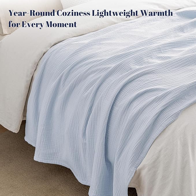 PHF 100% Cotton Muslin Blanket Queen Size 90"x90", 4-Layer Lightweight Gauze Throw, Breathable Cloud-Soft Minimalist Blanket for Bed, Couch, Camping & Baby, Ancient Water, Ideal Gift