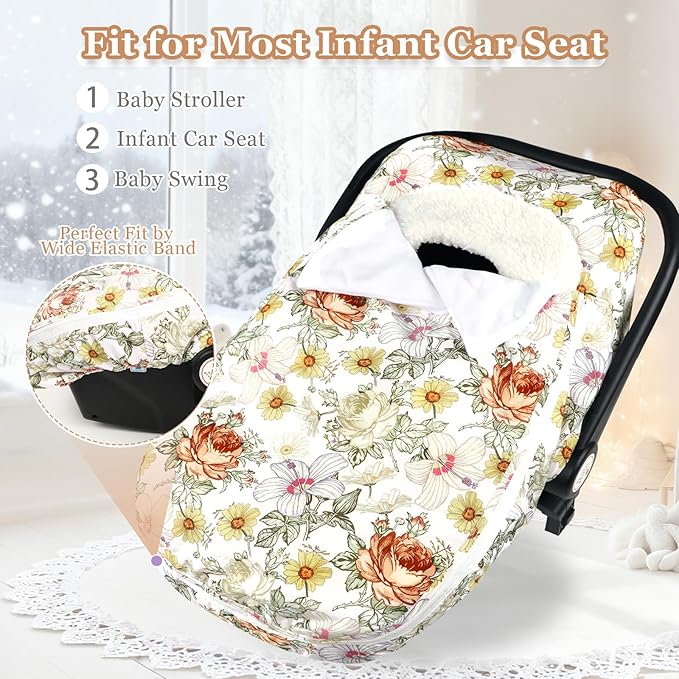 Winter Car Seat Cover for Babies Girl Boy, Super Warm Plush Fleece Infant Carseat Cover for Stroller Car Seat, Double Sides Zipper Winter Car Seat Canopy for Newborn, Yellow Vintage Floral