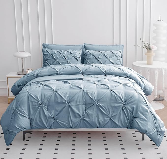 LANE LINEN Bedding Comforter Set Full Size, 7 Piece Full Size Bed in a Bag Set, Soft Bedding Sets Full Size, Pintuck Full Bed Set, Full Comforter Sets with Sheets, Pillowcases & Shams - French Blue
