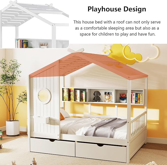 Aoowow Twin Size House Bed with Storage Shelves and Drawers, Wood Platform Kids House Bed with Window and Roof for Bedroom, Twin Playhouse Bed Frames for Boys Girls, Can be Decorated, White