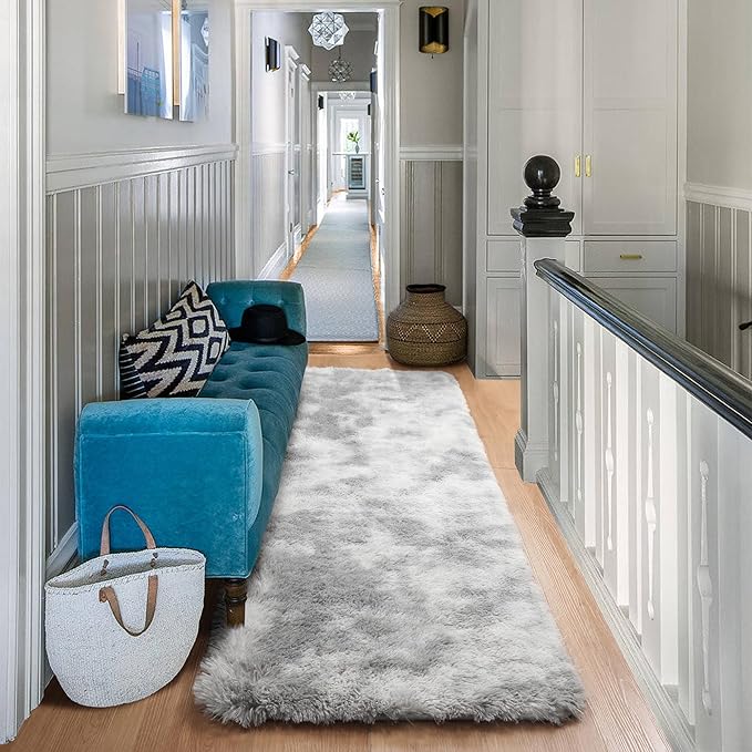 ONASAR 2x6 Runner Rugs for Bedroom Living Room, Washable Fluffy Tie-Dyed Light Grey Bedside Hallway Throw Area Rug, Ultra Soft Plush Furry Floor Carpet Mat for Nursery Kids Dorm Closet Home Decor
